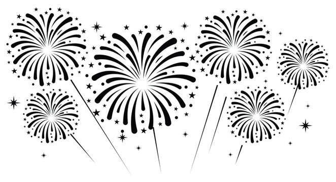 Minimalist firework icon burst vector illustration with small stars. Clean festive element isolated on a white background.