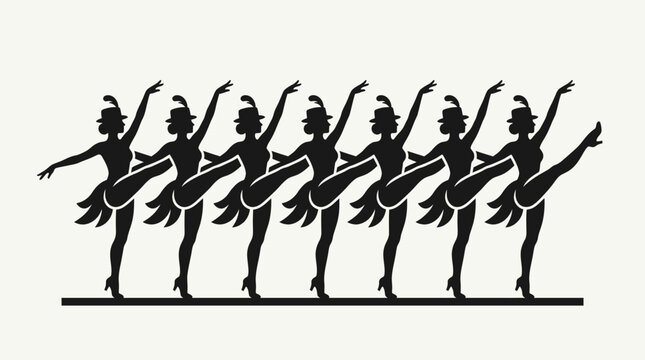 Silhouette of seven ballerinas performing a synchronized dance routine.