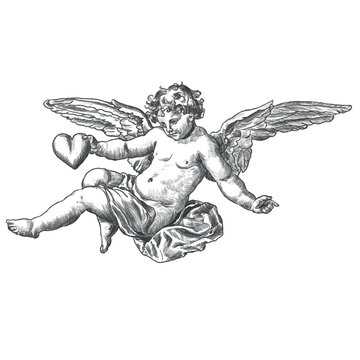 Vintage cupid cherub holding a heart. Luxury vector illustration isolated on white background for weddings, Valentine&rsquo;s Day, invitations and romantic branding