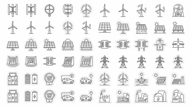 Clean Energy & Power Engineering Icon Collection: VAWT, Solar, Hydro, and EV Systems Vector Set