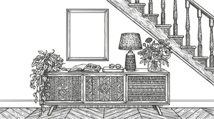 Fototapeta premium Vintage hand-drawn interior with a carved wooden sideboard under a staircase featuring a blank frame mockup for a cozy home decor concept.