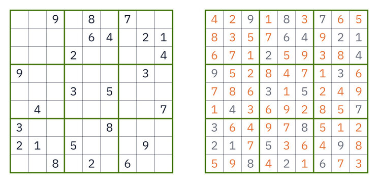 A vector of expert-level classic Sudoku puzzle layout with filled and empty cells, with answers  