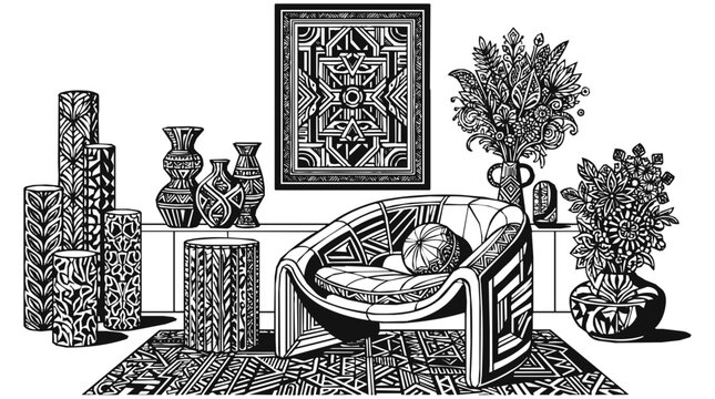 Home decor - Intricate Tribal Pattern Interior Design Featuring a Boho Living Room with a Modern Armchair and Geometric Art Decor in Black and White