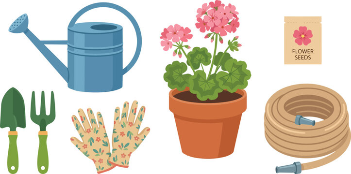 Gardening Tools and Ornamental Flower Plant Vector Set with Watering Can, Gloves, Hose and Seed Packet Illustration 
