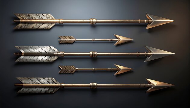 Set of five decorative metallic arrows on dark background.