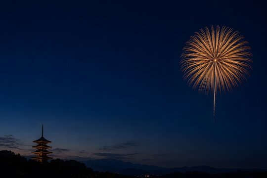 Distant Japanese Pagoda Silhouette with a Single Firework in an Expansive Night Sky