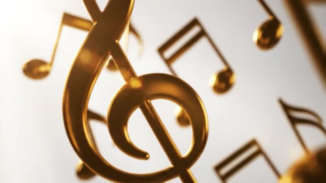 3D golden musical notes floating in a bright sunlit atmosphere