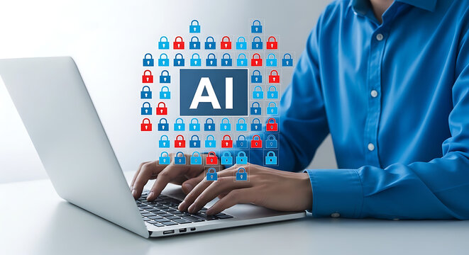 Professional Using Laptop for AI Driven Cybersecurity and Risk Management for Data Protection and Network Security