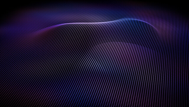 Purple background dotted space rotates radially. Glowing pink and blue grid background, top view. Digital landscape of flowing wave. Pixelated screen rotates around an axis.
