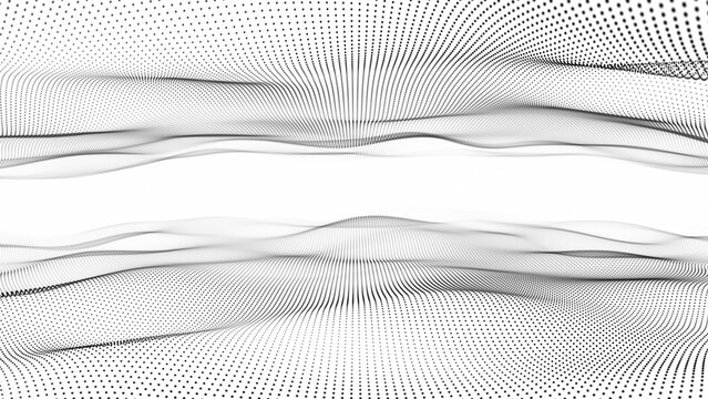 Smooth white abstract monochrome dotted surface flowing across bright background. White digital space background. Black white particle wave landscape. Futuristic digital grid flow.