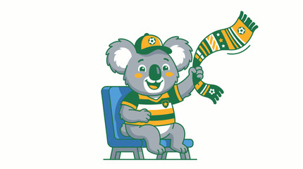 Fototapeta premium Happy koala cartoon fan sitting in stadium chair waving a soccer scarf