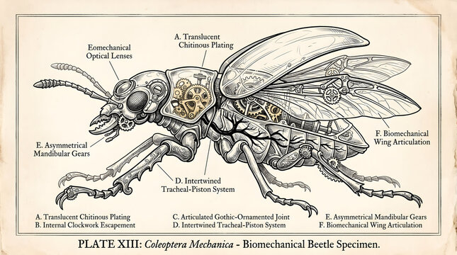 A detailed illustration of a mechanical beetle specimen with labeled anatomical parts on a vintage plate.