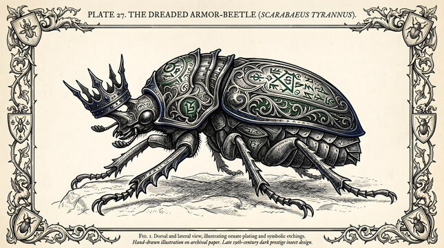 The detailed illustration shows the dreaded armor beetle, Scarabaeus typhon, in a rocky outdoor environment from a side viewpoint.