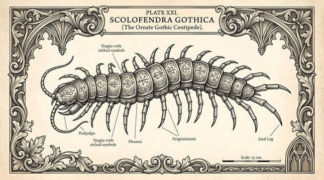 Detailed illustration of Scolopendra Gothica centipede anatomy labeled diagram