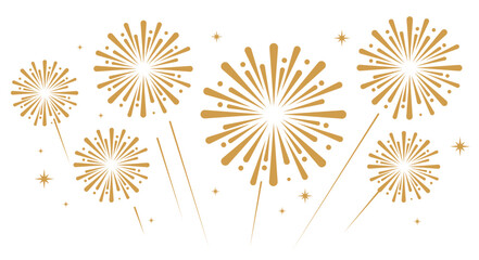 Gold fireworks with bold, rounded starburst trails exploding over a white background. Festive celebration and holiday event vector layout. © bibin