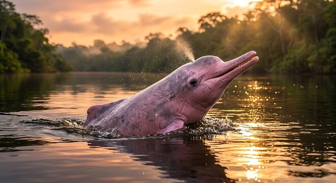 Pink river dolphin breaching in Amazon river at sunset