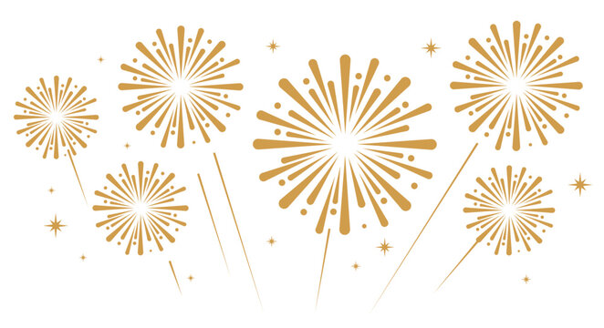 Gold fireworks with bold, rounded starburst trails exploding over a white background. Festive celebration and holiday event vector layout.