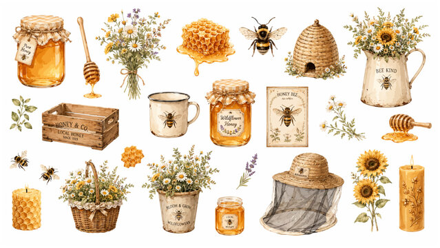 Honey Bee Homestead Vector Clipart Collection with Wildflower Honey Jars, Beehive, Bumble Bees, Sunflowers, Beekeeper Hat and Rustic Farmhouse Elements