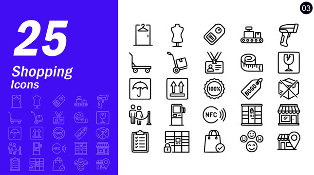 25 line shopping commercial retail and packaging handling icon set for infographic display