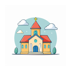 Obraz premium Flat design illustration of a church building with clouds and trees