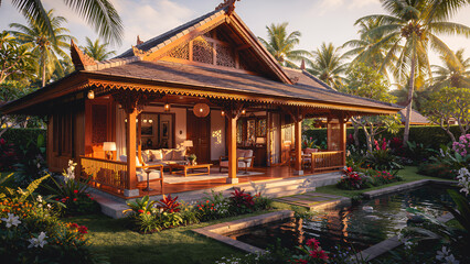 Obraz premium A traditional Javanese Joglo house transformed into a luxurious tropical retreat, elegant teak wood architecture, manicured gardens, golden afternoon light, and a premium resort atmosphere.