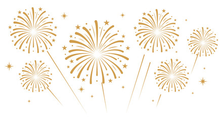 Gold fireworks with bold, rounded starburst trails exploding over a white background. Festive celebration and holiday event vector layout. © bibin
