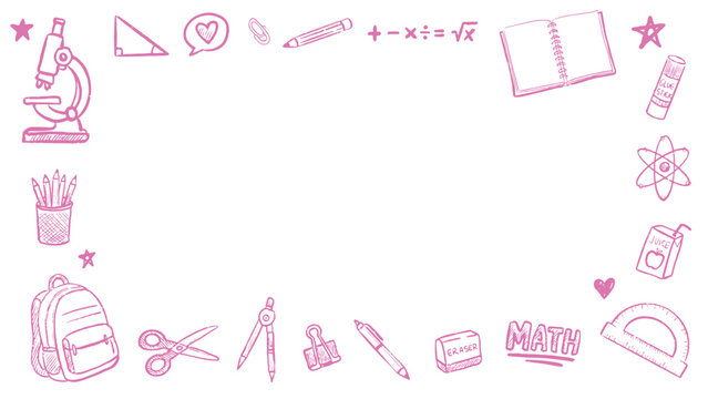 Cool pink hand drawn education doodle school supplies border frame on white background and good copy space area. back to school.