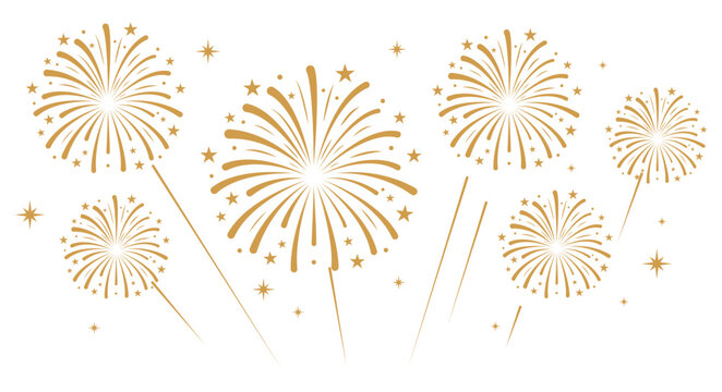 Gold fireworks with bold, rounded starburst trails exploding over a white background. Festive celebration and holiday event vector layout.