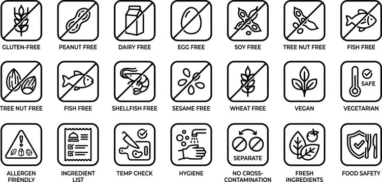 Vector line icon set of food allergen free symbols organic ingredients packaging labels restaurant safety protocols and dietary intolerance restriction badges