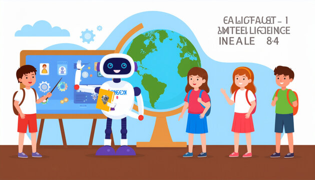 Children Learning Artificial Intelligence and Coding Vector Illustration, Kids with AI Robot and Future Technology Education