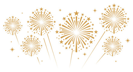 Gold fireworks with bold, rounded starburst trails exploding over a white background. Festive celebration and holiday event vector layout. © bibin