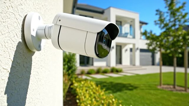White security camera mounted on an exterior wall of a modern luxury house under a clear blue sky