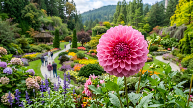 A pink dahlia flower at Butchart Garden in Victoria, BC Canada