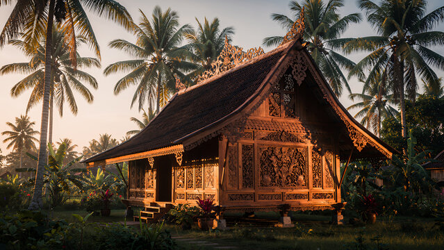 A traditional Acehnese Krong Bade house illuminated by the warm dawn light, tropical palm trees surrounding the building, highly detailed wood carvings, a realistic Indonesian rural setting.
