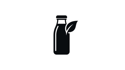 Bottle of organic juice or plant-based milk sits upright with a fresh leaf attached to the side to represent sustainable consumer goods, healthy dietary choices, and eco-friendly product branding. © Berkah
