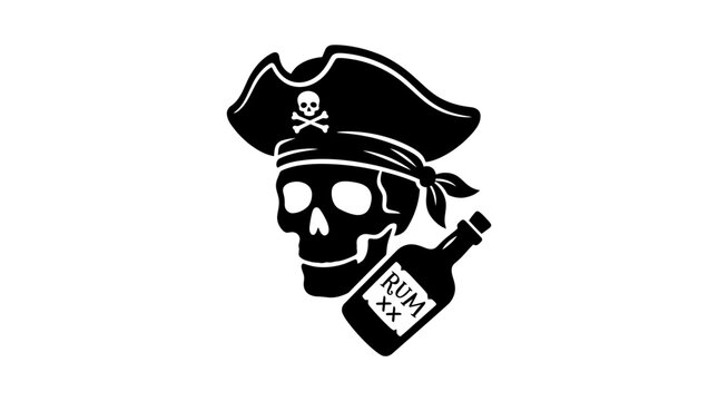 Skull wearing a pirate hat paired with a rum bottle serves as a thematic graphic for nautical adventures, vintage tavern branding, or pirate-themed entertainment and costume marketing.