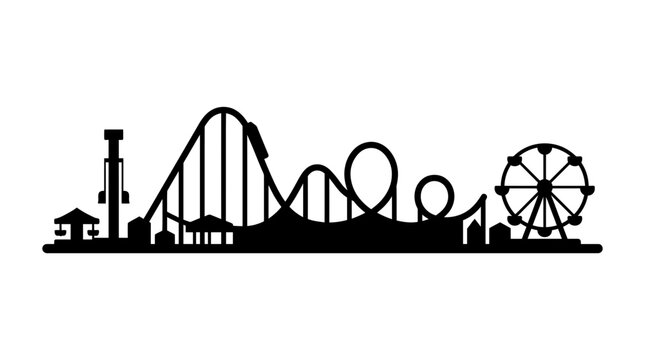 Amusement park skyline silhouette displays a collection of iconic fairground rides including a tall roller coaster and a large ferris wheel set against a flat background for recreational branding.