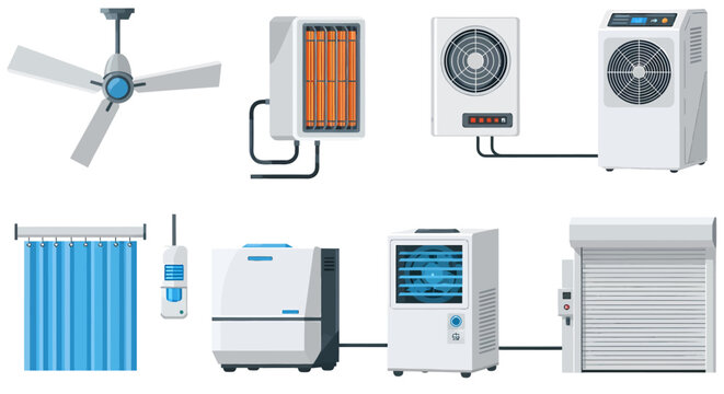 An array of isolated home and industrial climate control appliances including fans heaters AC units and shutters