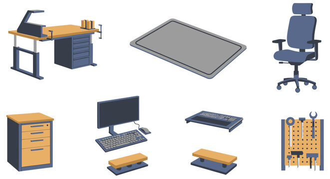 Digital illustrations of office and workshop equipment including a desk mat chair cabinet computer keyboard and tool pegboard