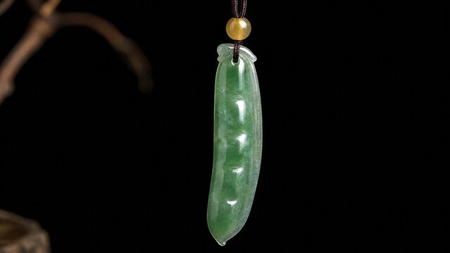 A slender green jade pendant shaped like a silique on a dark background.