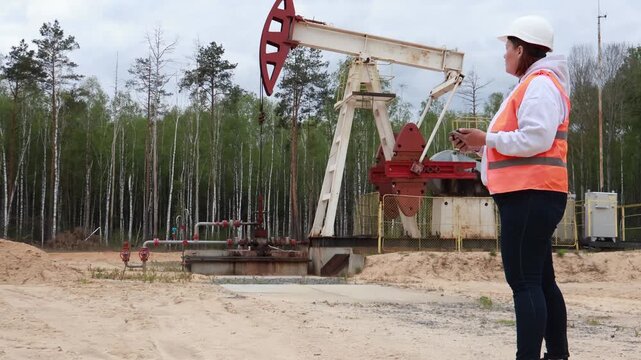 Female engineer in a hard hat and orange safety vest monitors an active oil pumpjack. The industrial site is on sandy ground beside a lush forest under a cloudy sky during the day