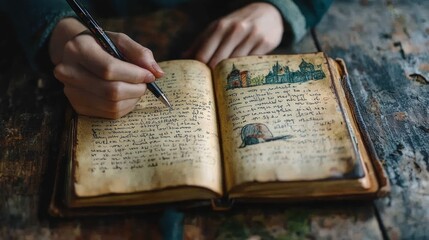 Naklejka premium A person writes in an old, antique, leather-bound journal with a pen on a rustic wooden table.