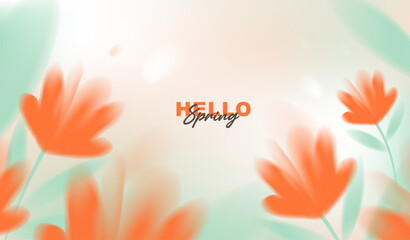 Obraz premium Hello spring vector background with abstract blurred orange flowers and green leaves. Soft pastel watercolor floral template for greeting card, banner, seasonal sale posters and wallpaper.