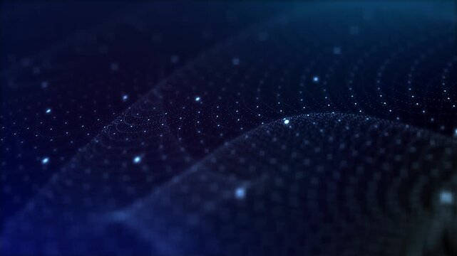 Blue particle mesh wave loop. Dynamic glowing cyber space dots for big data, artificial intelligence, and technology background.