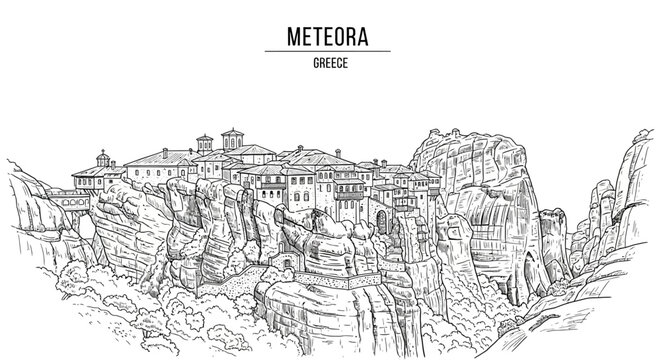 Meteora monasteries Greece scenic landscape drawing.