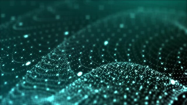 Cyan particle mesh wave loop. Dynamic glowing cyberspace dots for big data, artificial intelligence, and technology background.