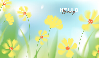 Hello spring vector background with vibrant yellow flowers and green grass. Soft pastel watercolor floral template on sunny blue sky for greeting card, easter, seasonal sale banner and wallpaper. © TripleP Studio