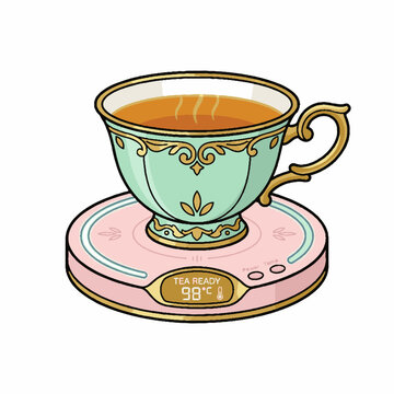 Vintage style porcelain teacup filled with hot tea resting on a modern smart coaster warmer device.