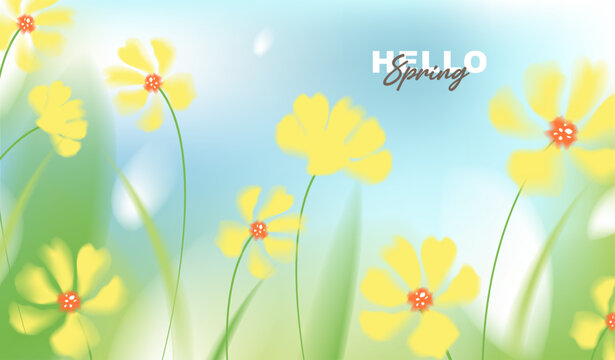 Hello spring vector background with vibrant yellow flowers and green grass. Soft pastel watercolor floral template on sunny blue sky for greeting card, easter, seasonal sale banner and wallpaper.