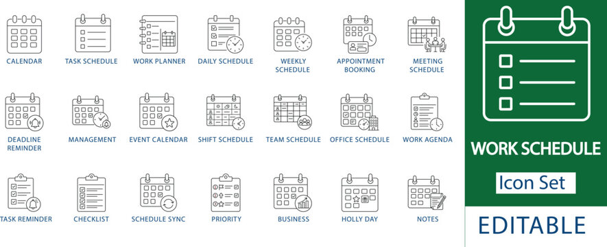 work schedule icon set: professional calendar and task schedule, business planner appointment booking, office team meeting schedule, and time management reminder line icons